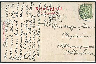 5 aur To Konger på brevkort (Thingvallir) stemplet Reykjavik 1908 til København, Danmark.