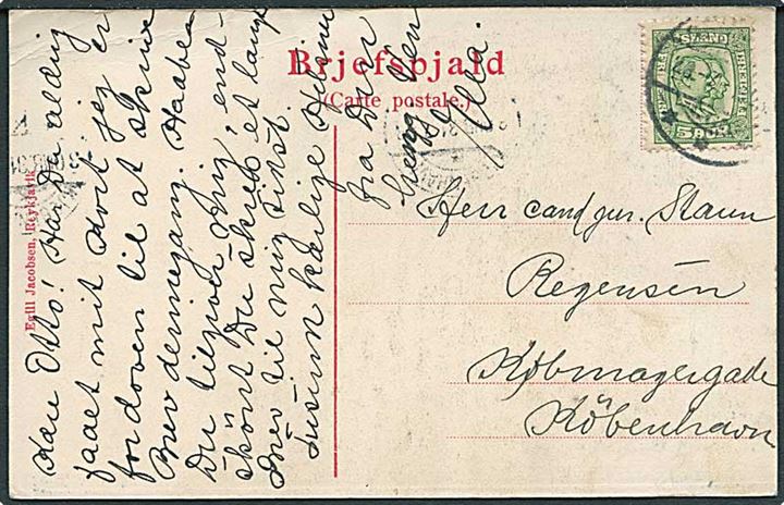 5 aur To Konger på brevkort (Thingvallir) stemplet Reykjavik 1908 til København, Danmark.