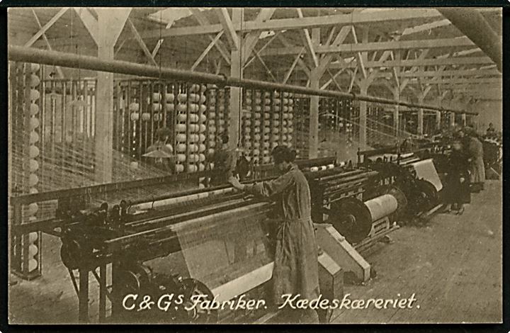 Erhverv. Crome & Goldschmidt’s Fabrikker i Horsens. Kædeskæreriet. Reklamekort u/no. Kvalitet 9
