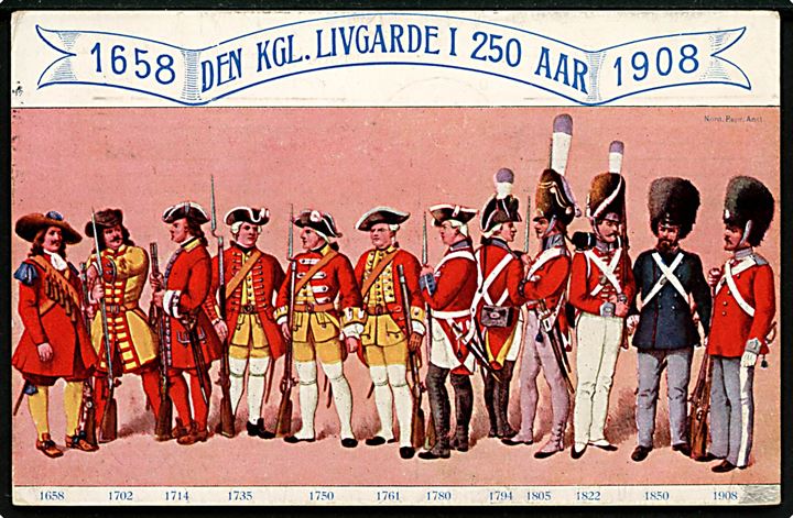 Militær. Den kgl. Livgarde i 250 Aar 1658-1908. Nord. Repr. Anst. u/no.  Kvalitet 7
