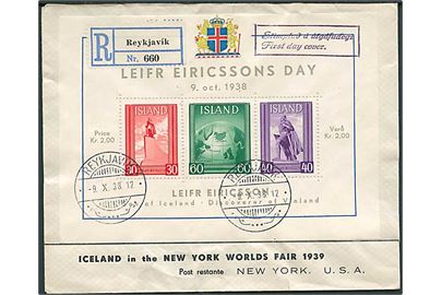 Leifr Eiricsson Blok udg. på anbefalet FDC fra REykjavik d. 9.10.1938 til New York, USA.