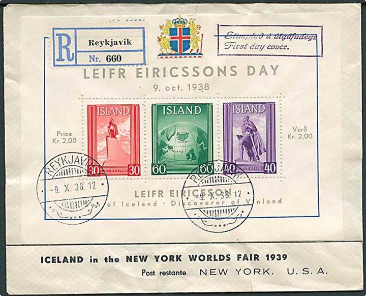 Leifr Eiricsson Blok udg. på anbefalet FDC fra REykjavik d. 9.10.1938 til New York, USA.