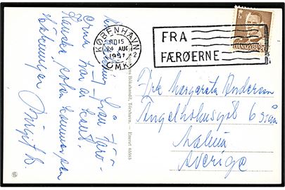 20 øre Fr. IX på brevkort (Undir Hesti) annulleret med skibsstempel København OMK 2 / Fra Færøerne d. 24.8.1957 til Malmö, Sverige.