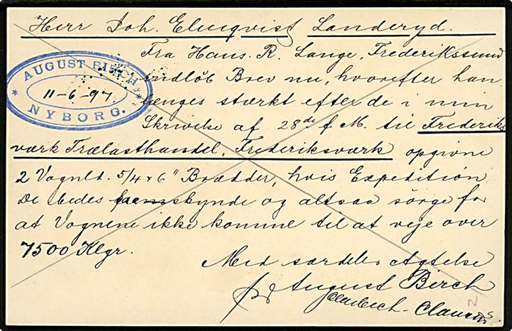 5 øre Våben helsagsbrevkort fra Nyborg annulleret med antiqua skibsstempel Dampsk:Post-Sped: No. 3 d. 11.6.1897 til Landeryd, Sverige. Påskrevet via Helsingør-Helsingborg.