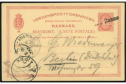 10 øre Våben helsagsbrevkort annulleret med skibsstempel Fra Rønne sidestemplet i København d. 14.8.1895 til Berlin, Tyskland.