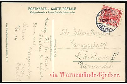10 pfg. Germania op brevkort fra Altona d. 4.12.1906 til Nykøbing F., Danmark. Privat rødt dirigeringsstempel: via Warnemünde-Gjedser.