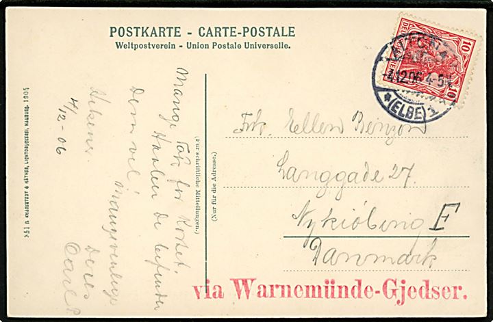 10 pfg. Germania op brevkort fra Altona d. 4.12.1906 til Nykøbing F., Danmark. Privat rødt dirigeringsstempel: via Warnemünde-Gjedser.