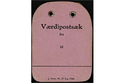 Manila-mærke: Værdipostsæk - J. Form. Nr. 27 (1/30 1920) . Ubrugt.