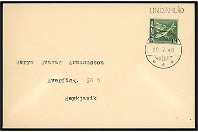 12 aur Sild på filatelistisk kuvert annulleret med udslebet brotypestempel d. 19.7.1948 og sidestemplet LINDAHLID til Reykjavik.