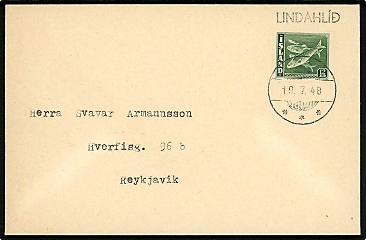 12 aur Sild på filatelistisk kuvert annulleret med udslebet brotypestempel d. 19.7.1948 og sidestemplet LINDAHLID til Reykjavik.