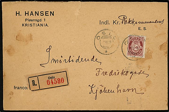 50 øre Posthorn single på anbefalet brev fra Oslo d. x.2.1926 til Kjøbenhavn, Danmark.