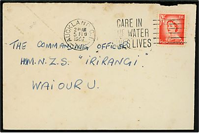 3d Elizabeth på brev annulleret med TMS Care in the water saves lives/Auckland d. 5.2.1957 til Commandin Officer HMNZS Irirangi (= Naval Radio Station), Waiouru.