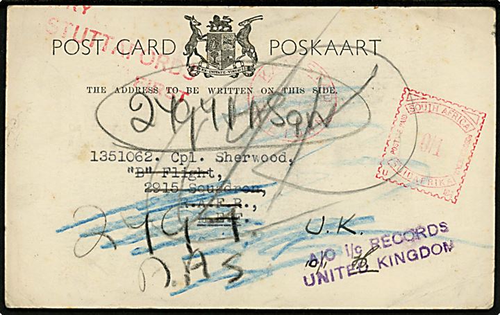 1d firmafranko frankeret tryksagskort fra Cape Town 1944 til soldat ved B Flight 2915 Squadron R.A.F.R. i Mellemøsten - eftersendt flere gange med stempel Field Post Office 717 (= Cairo) og Records Office Royal Air Force d. x.4.1944.