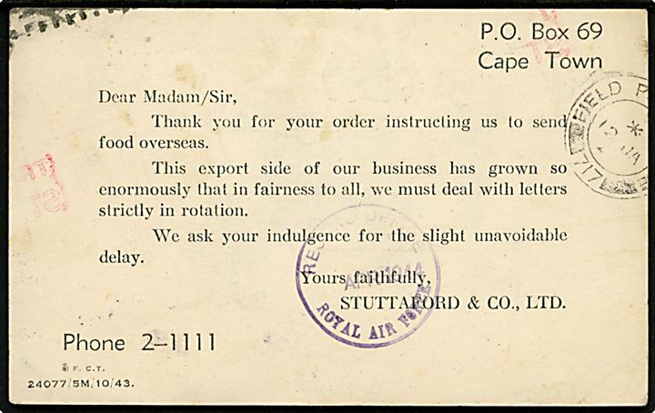 1d firmafranko frankeret tryksagskort fra Cape Town 1944 til soldat ved B Flight 2915 Squadron R.A.F.R. i Mellemøsten - eftersendt flere gange med stempel Field Post Office 717 (= Cairo) og Records Office Royal Air Force d. x.4.1944.