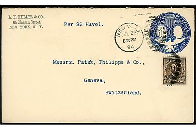 1 c. helsagskuvert opfrankeret med 4 cents Lincoln påskrevet per SS Havel fra New York d. 23.7.1894 til Geneva, Schweiz.