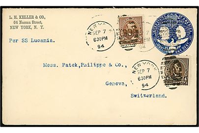 1 c. helsagskuvert opfrankeret med 4 cents Lincoln og 5 cents Grant påskrevet per SS Lucania fra New York d. 7.9.1894 til Geneva, Schweiz.