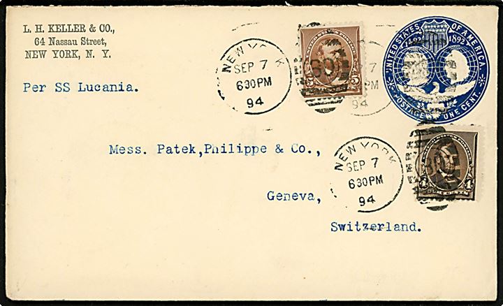 1 c. helsagskuvert opfrankeret med 4 cents Lincoln og 5 cents Grant påskrevet per SS Lucania fra New York d. 7.9.1894 til Geneva, Schweiz.