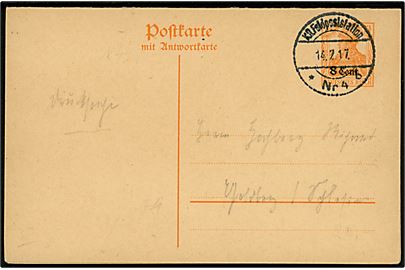 Etappengebiet West. 8 Cent./7½ pfg. provisorisk dobbelt helsagsbrevkort annulleret med feltpoststempel K.D.Feldpoststation Nr. 4 d. 14.7.1917 til Tyskland.