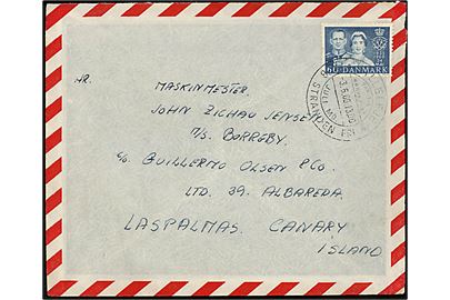 60 øre Fr. IX Sølvbryllup single på luftpostbrev fra Gilleleje d. 3.6.1960 til maskinmester ombord på M/S Borreby i Las Palmas på de Kanariske Øer. 