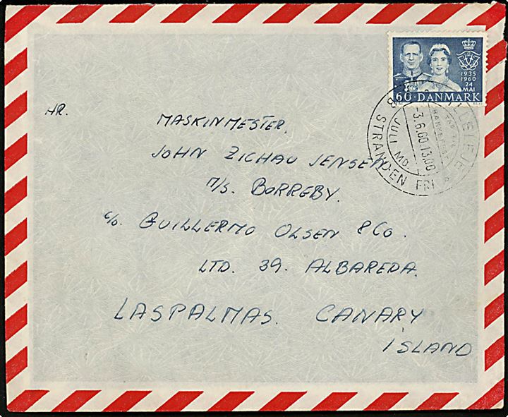60 øre Fr. IX Sølvbryllup single på luftpostbrev fra Gilleleje d. 3.6.1960 til maskinmester ombord på M/S Borreby i Las Palmas på de Kanariske Øer. 