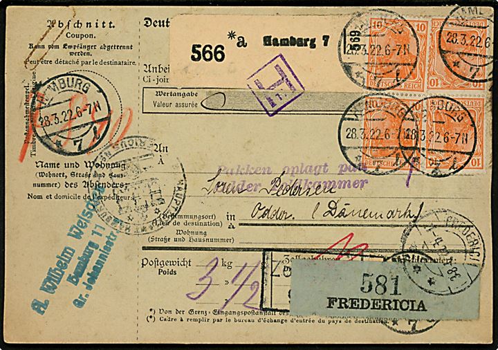 10 pfg. Germania (4), 2 mk. (4), 10 mk. Ciffer og 20 mk. Plovmand (3) på 78,40 mk. frankeret internationalt adressekort for pakke fra Hamburg d. 28.3.1922 via Fredericia til Odder, Danmark.