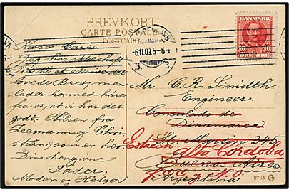 10 øre Fr. VIII på brevkort fra Kjøbenhavn d. 6.11.1909 til dansk ingeniør i Buenos Aires, Argentina - eftersendt til Alta Cordoba.