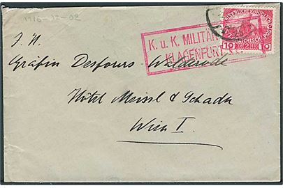 10+2 h. Krigs-velgørenhed på brev til Wien. Rammestempel fra K.u.K. Militär Zensur i Klagenfurt. Bagklap mgl.