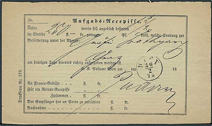 Aufgabe-Recepiffe for værdibrev fra Bien d. 20.2.1875.