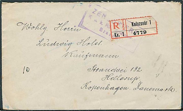 25 f. Turul i parstykke på bagsiden af anbefalet brev fra Kolozsvar d. 4.10.1916 til Hellerup, Danmark. K.u.K. Militär Zensur.