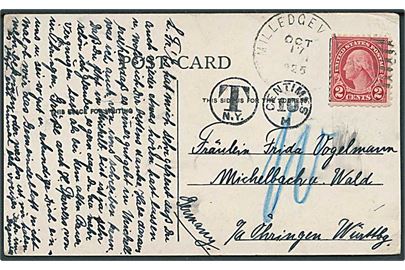 2 cents Washington på underfrankeret brevkort fra Milledge.. d. 17.10.1925 til Tyskland. T-stempel og udtakseret i 10 pfg. tysk porto.