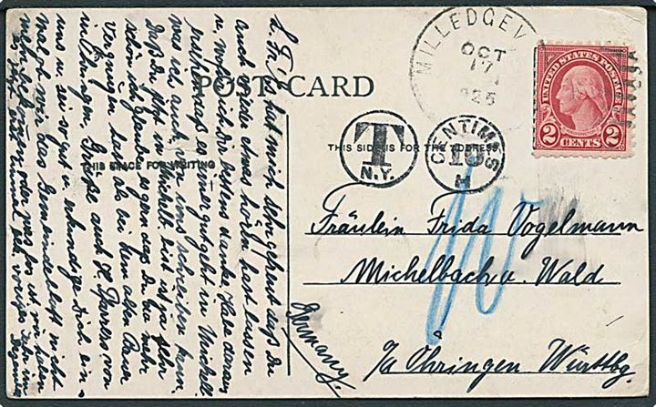 2 cents Washington på underfrankeret brevkort fra Milledge.. d. 17.10.1925 til Tyskland. T-stempel og udtakseret i 10 pfg. tysk porto.