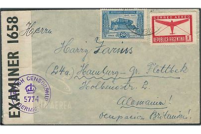 1,20 p. blandingsfrankeret luftpostbrev fra Buenos Aires ca. 1947 til Hamburg, Tyskland. Åbnet af britisk efterkrigscensur i Tyskland.