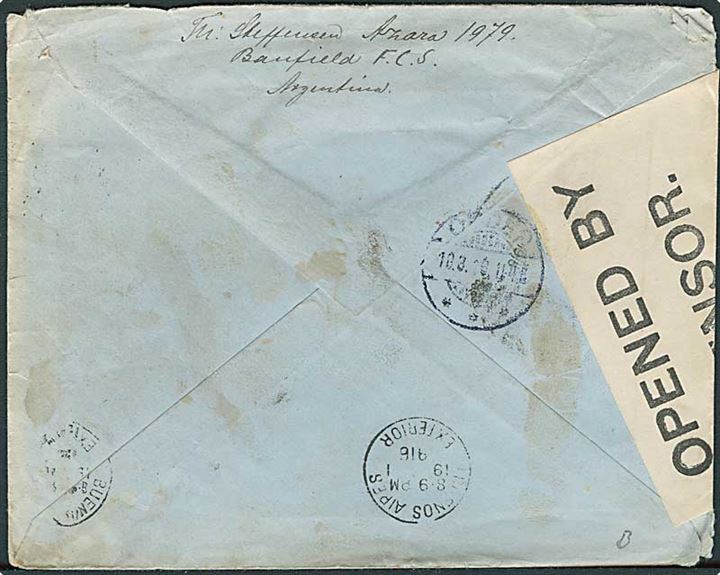 12 c. single på brev fra Banfield via Buenos Aires d. 19.1.1916 til Odder, Danmark. Åbnet af britisk censur no. 1039.         