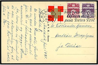 5 øre og 10 øre Bølgelinie, samt Foreningen Norden mærkat, på brevkort (P. Møller: Kanal i København) stemplet Holbæk d. 21.12.1941 til Tølløse.