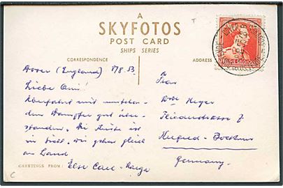 Belgisk 2,25 fr. (defekt) på brevkort (M.V. Koning Abert) annulleret med skibsstempel Ostende-Dover d. 8.8.1955 til Krefeld, Tyskland.