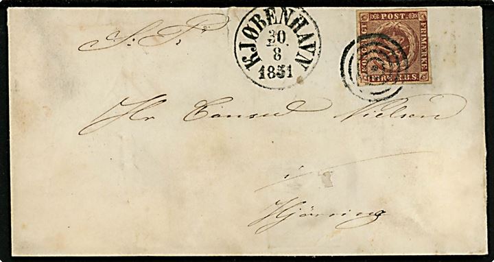 4 R.B.S. Ferslew på brev annulleret med stumt stempel og sidestemplet antiqua Kjøbenhavn d. 30.8.1851 til Hjørring.