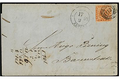 4 sk. 1858 på brev annulleret med nr.stempel 113 og sidestemplet med udslebet antiqua * Altona * d. 17.9.1858 til Barmstedt.