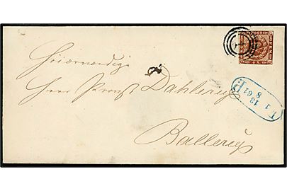 4 sk. 1858 udg. på fodpostbrev fra Kjøbenhavn annulleret med nr.stempel 1 og sidestemplet F:P: d. 13.8.1861 til Ballerup. 