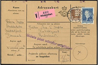 50 øre Ørsted og 1 kr. Rigsvåben på adressekort for anbefalet pakke fra Middelfart d. 17.4.1951 til Kutdligssat, Grønland. Interessant liniestempel: Sidste post udenfor postliste.