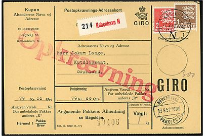 1 kr. og 2 kr. Rigsvåben på postopkrævning-Adressekort for pakke fra København d. 12.9.1952 til Kutdligssat, Grønland.