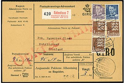 15 øre, 50 øre Fr. IX og 1 kr. Rigsvåben (3) på 365 øre frankeret Postopkrævnings-Adressekort fra København 7 d. 15.10.1951 til Kutdligssat, Grønland.