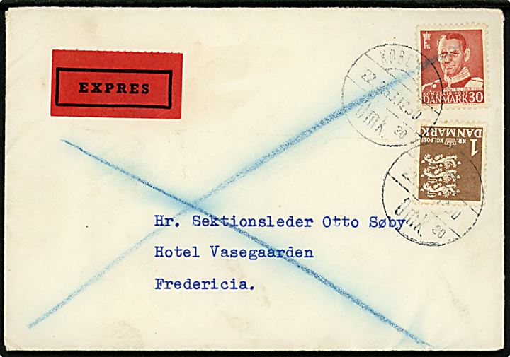 30 øre Fr. IX og 1 kr. Rigsvåben på ekspresbrev fra København d. 22.9.1953 til Fredericia.