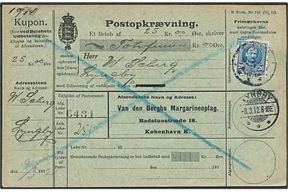 20 øre Fr. VIII ultramarin på retur Postopkrævning fra Kjøbenhavn d. 8.3.1912 til Lyngby.