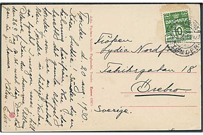 10 øre Bølgelinie på brevkort (Vestergade, Tønder) annulleret med bureaustempel Sønderborg - Tønder ** T.1421 d. 20.8.1930 til Örebro, Sverige.