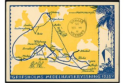 Gripsholm, M/S, Middelhavs krydstogt 1935 med landkort. Dateret mellem Beirut og Cypern med svensk 5 öre Postsparebank annulleret Sjöpostexpedition 70 M/F Gripsholm d. 14.3.1935 via Larnaca Cyprus til Såsunda, Sverige.