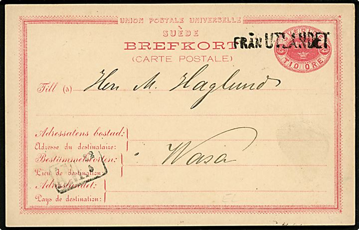 10 öre Tre Kroner helsagsbrevkort fra Stockholm d. 19.5.1888 annulleret med finsk skibsstempel Från Utlandet til Wasa, Finland. 