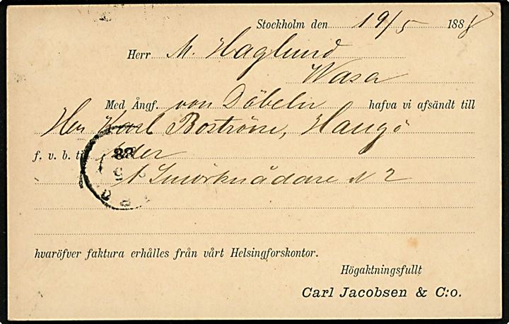 10 öre Tre Kroner helsagsbrevkort fra Stockholm d. 19.5.1888 annulleret med finsk skibsstempel Från Utlandet til Wasa, Finland. 