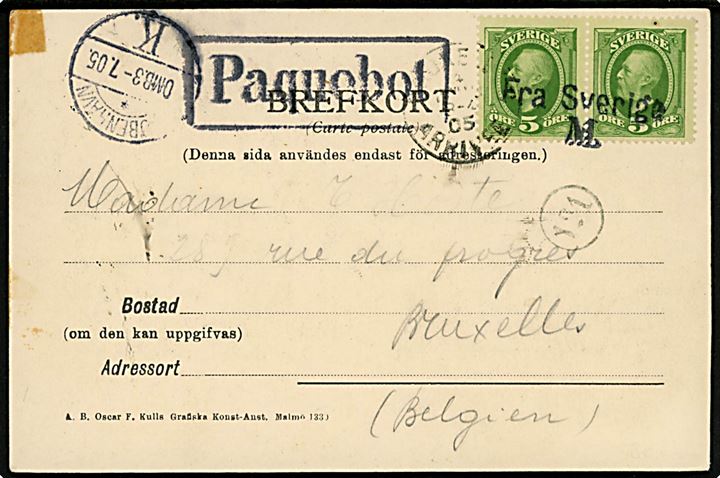 5 öre Oscar II i parstykke på brevkort (Malmö havn) annulleret med skibsstempel Fra Sverige M og sidestemplet både paquebot og Kjøbenhavn d. 3.7.1905 til Bruxelles, Belgien.