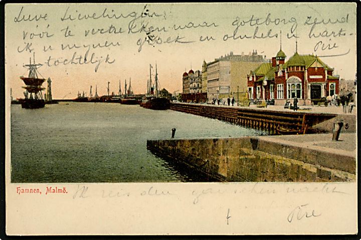 5 öre Oscar II i parstykke på brevkort (Malmö havn) annulleret med skibsstempel Fra Sverige M og sidestemplet både paquebot og Kjøbenhavn d. 3.7.1905 til Bruxelles, Belgien.