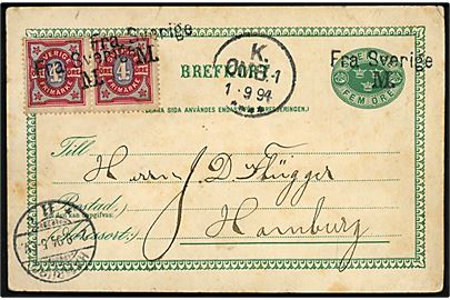5 öre Tre kroner helsagsbrevkort opfrankeret med 4 öre Ciffer i parstykke fra Malmö annulleret med skibsstempel Fra Sverige M. og sidestemplet K. OMB. 1 d. 1.9.1894 til Hamburg, Tyskland.
